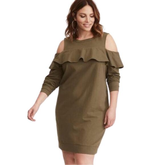 Torrid Olive Green Ruffled Knit Sweatshirt Dress NWT Size 3 (3X) Plus Size - Picture 1 of 3